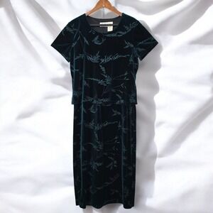 Kathie Lee Velvet Dress‎ Woman Large Teal Floral Maxi Short Sleeve Evening Retro